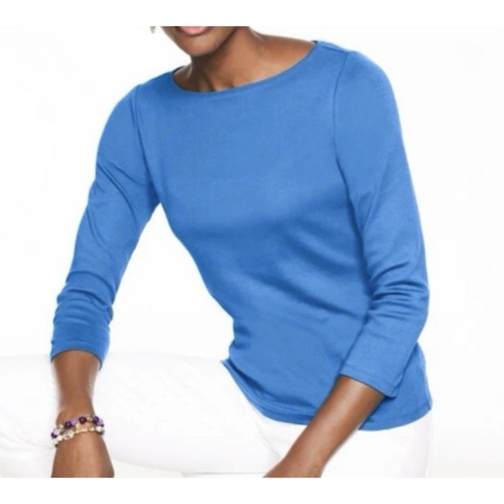 Talbots 100% Pima Cotton Bateau Neck‎ Tee 3/4 Sleeve Blue T Shirt Petite 1X